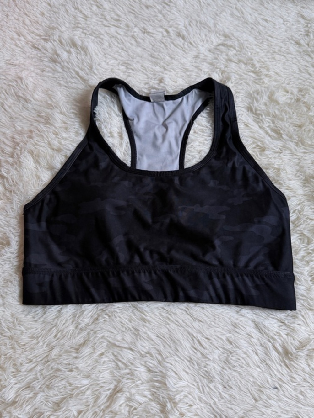Fabletics Black Subtle Camo Racerback Sports Bra - Solid Black